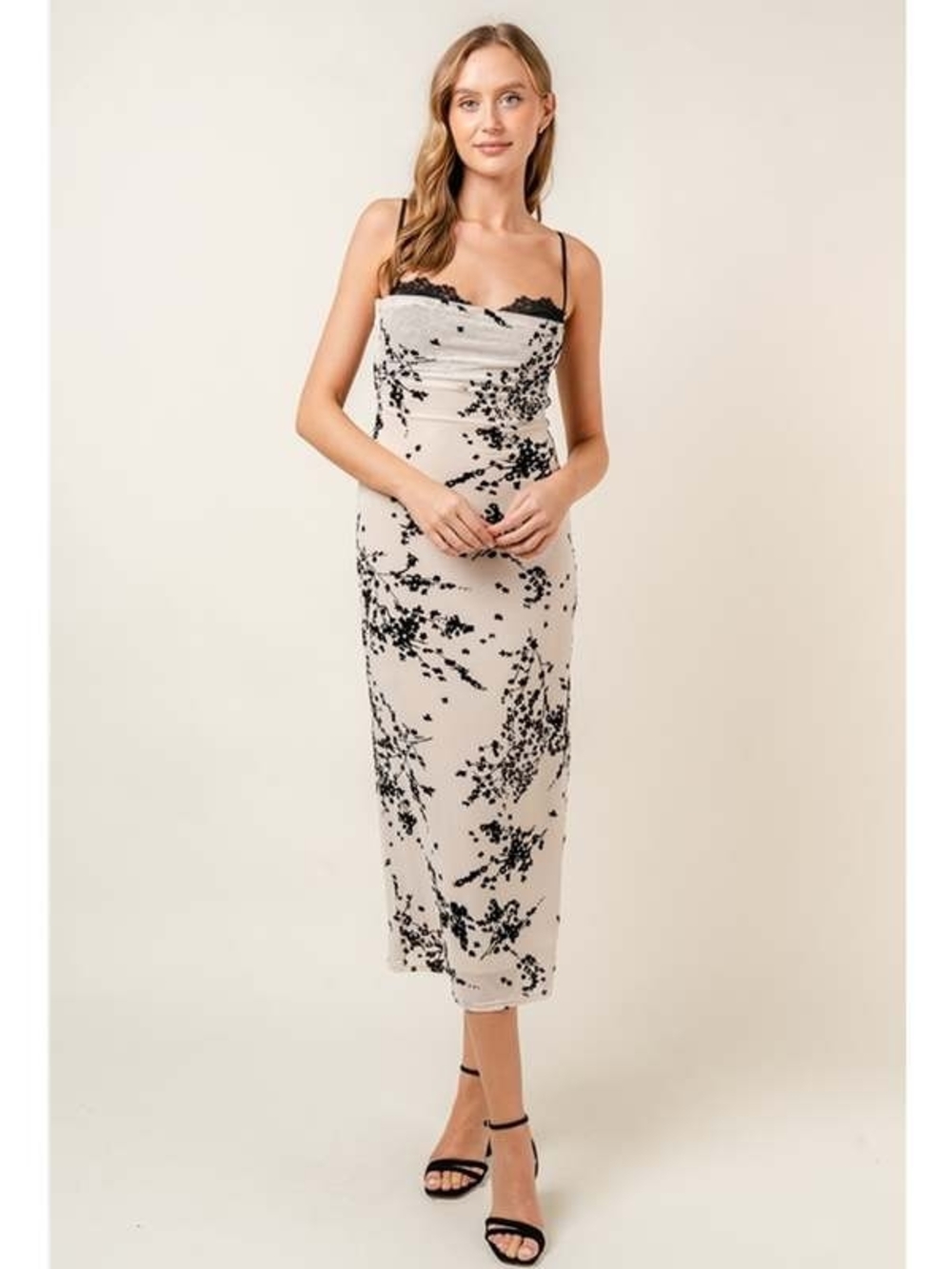 FORE Spaghetti Strap Lace-Trim Floral Midi Dress in Cream and Black XSmall